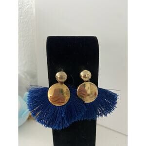 Dark blue fringe earrings gold tone